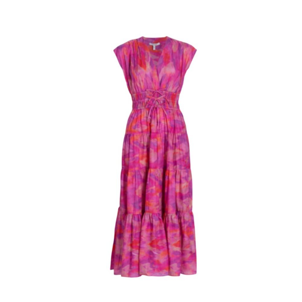 Derek Lam 10 Crosby Fatima Midi Dress Womens 2 Pink Cotton V-Neck Tie Dye A-Line